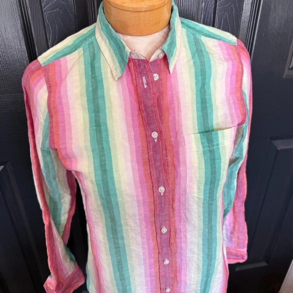 J Crew Linen Blend Classic Fit Boy Shirt in Rainbow Stripe Size 4